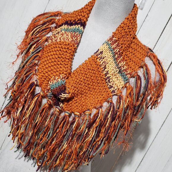 NEW Hand Knitted Rust Orange Infinity Boho Cowl Scarf Fringe Artsy Indie Hippie - Picture 4 of 6